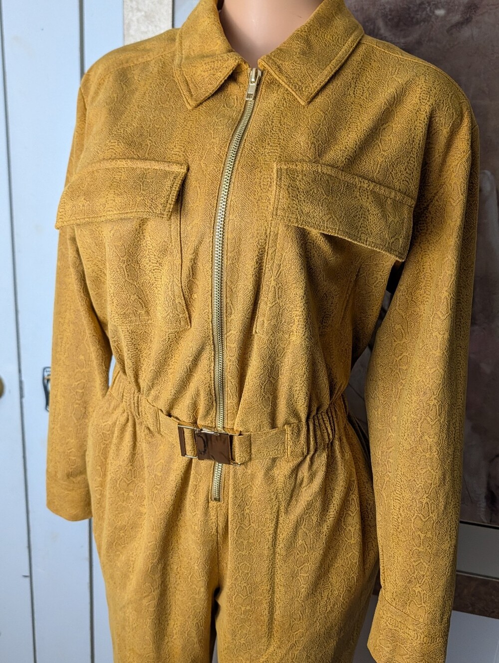 Cara Santana x Apt. 9 utility jumpsuit Mustard Jumpsuit with Belted Waist Sz M - Picture 2 of 11